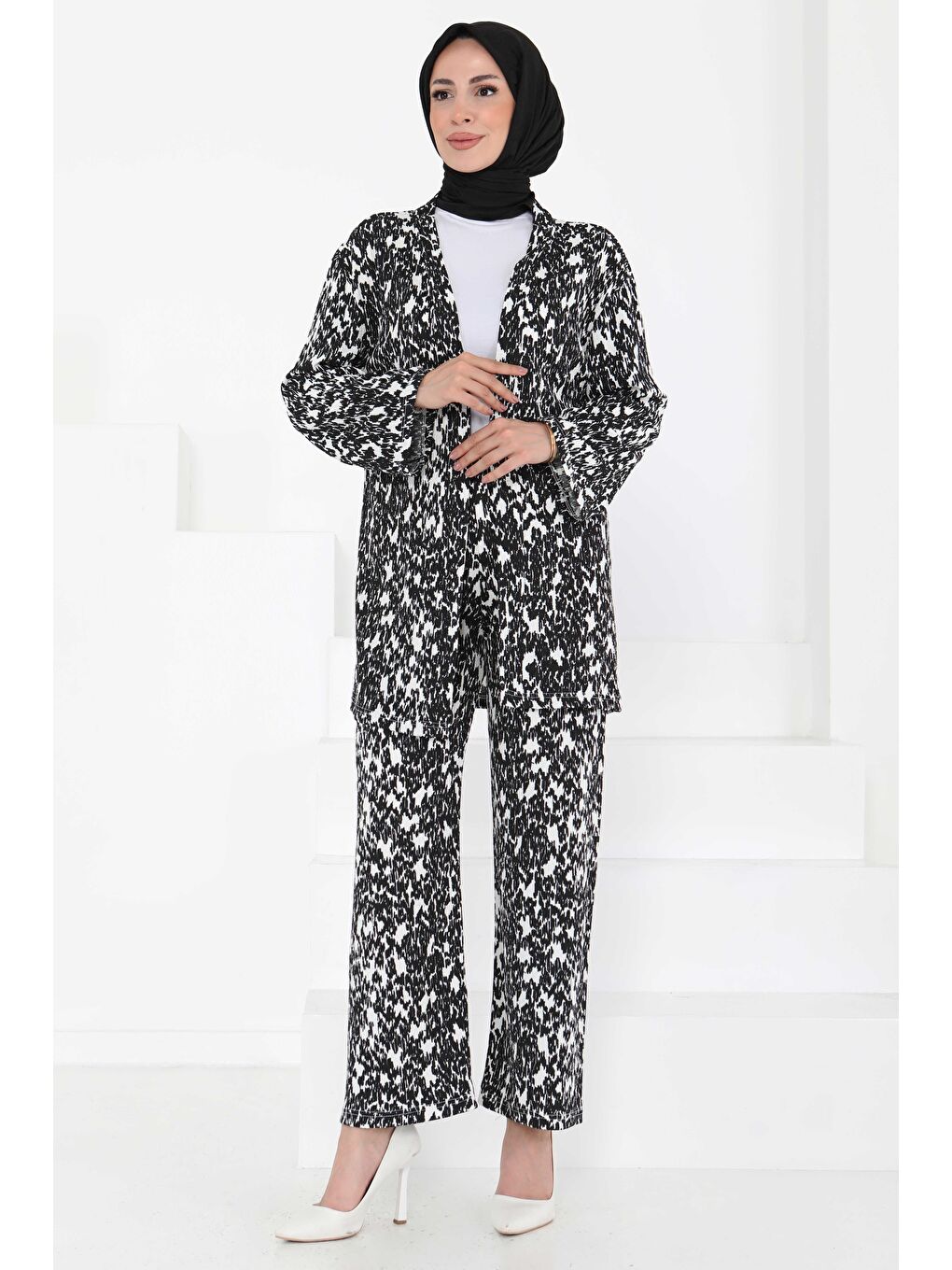 Desenli Kimono Takım Siyah - 27132