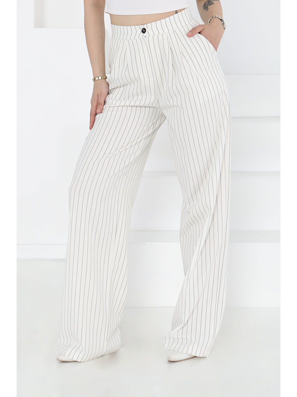 Çizgili Pantolon Beyaz - 27248-2