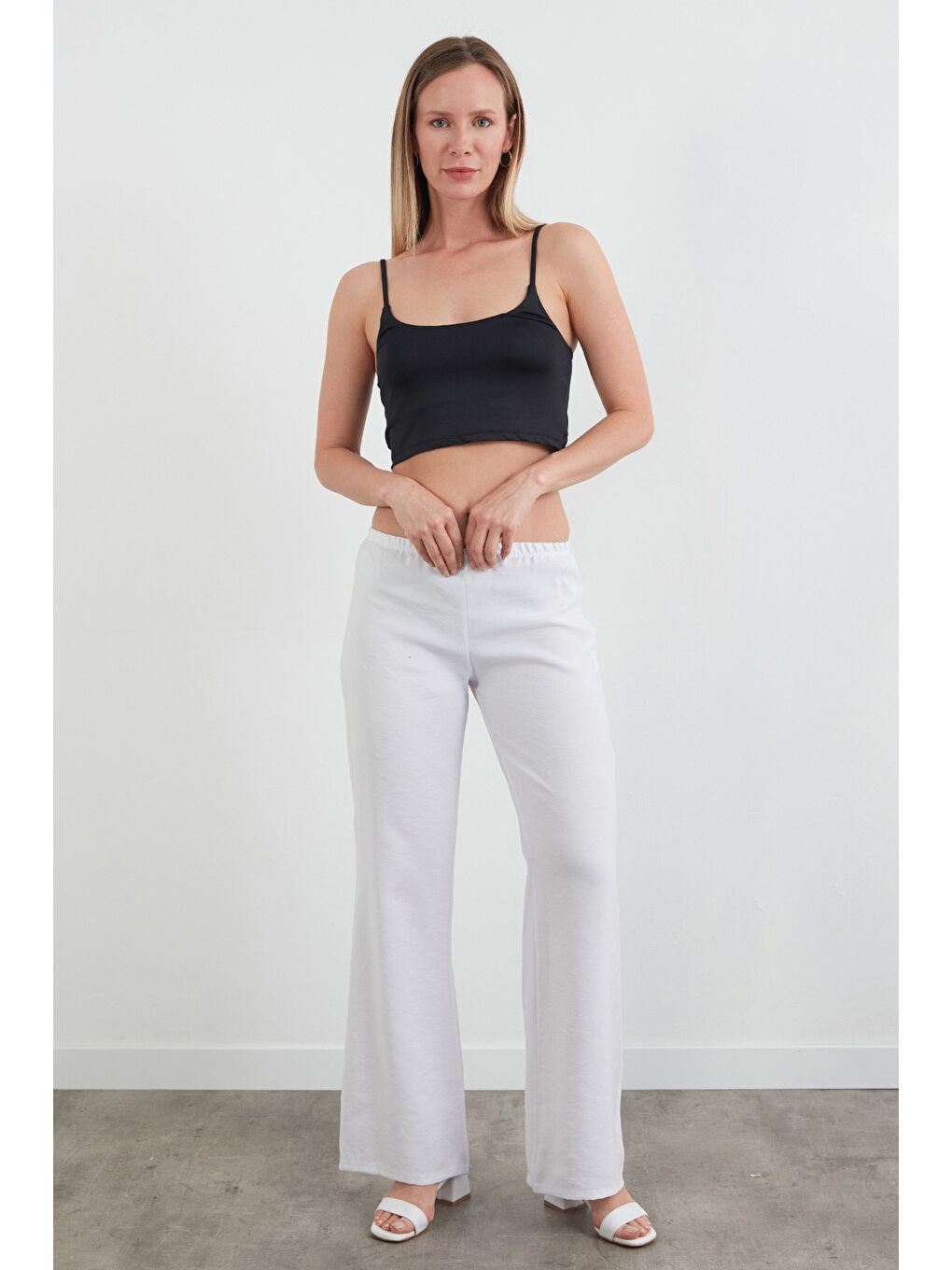 Beyaz Beli Lastikli Düşük Bel Modal Palazzo Pantolon