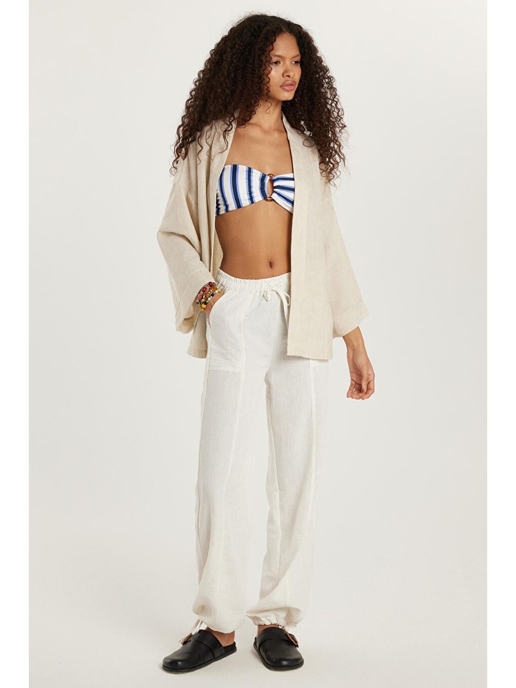 Kadın Relax Fit Rahat Kesim Beli Lastikli Bağlamalı Ekru Pantolon-2