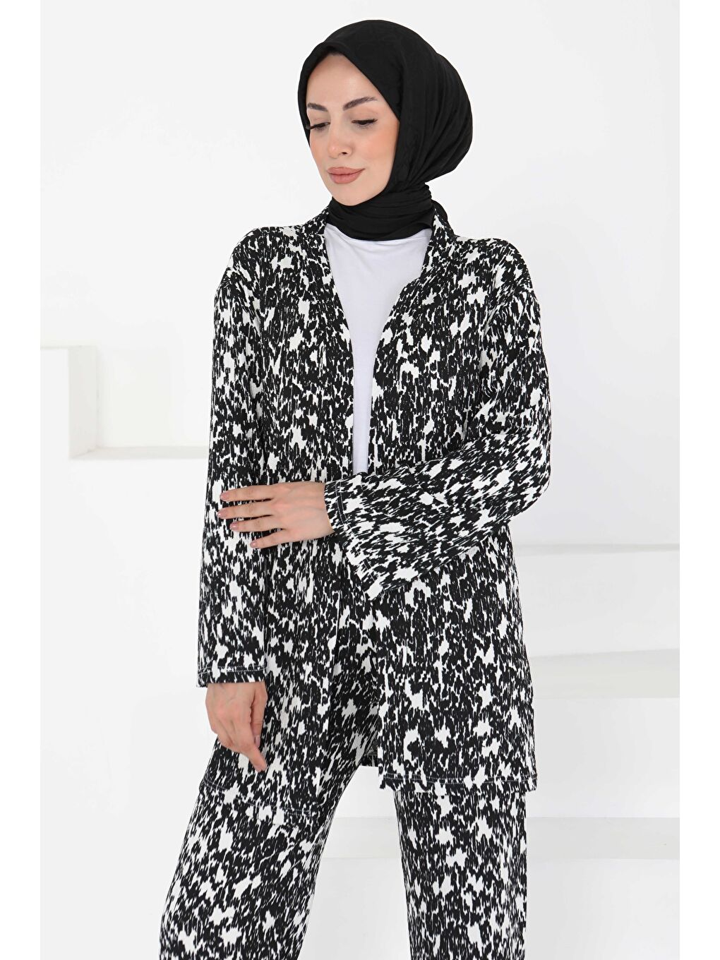 Desenli Kimono Takım Siyah - 27132-1