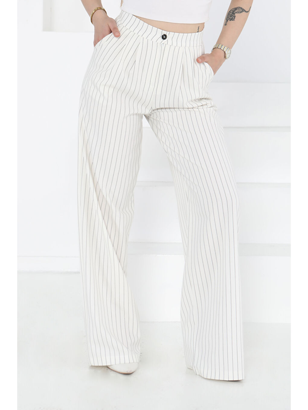 Çizgili Pantolon Beyaz - 27248-4