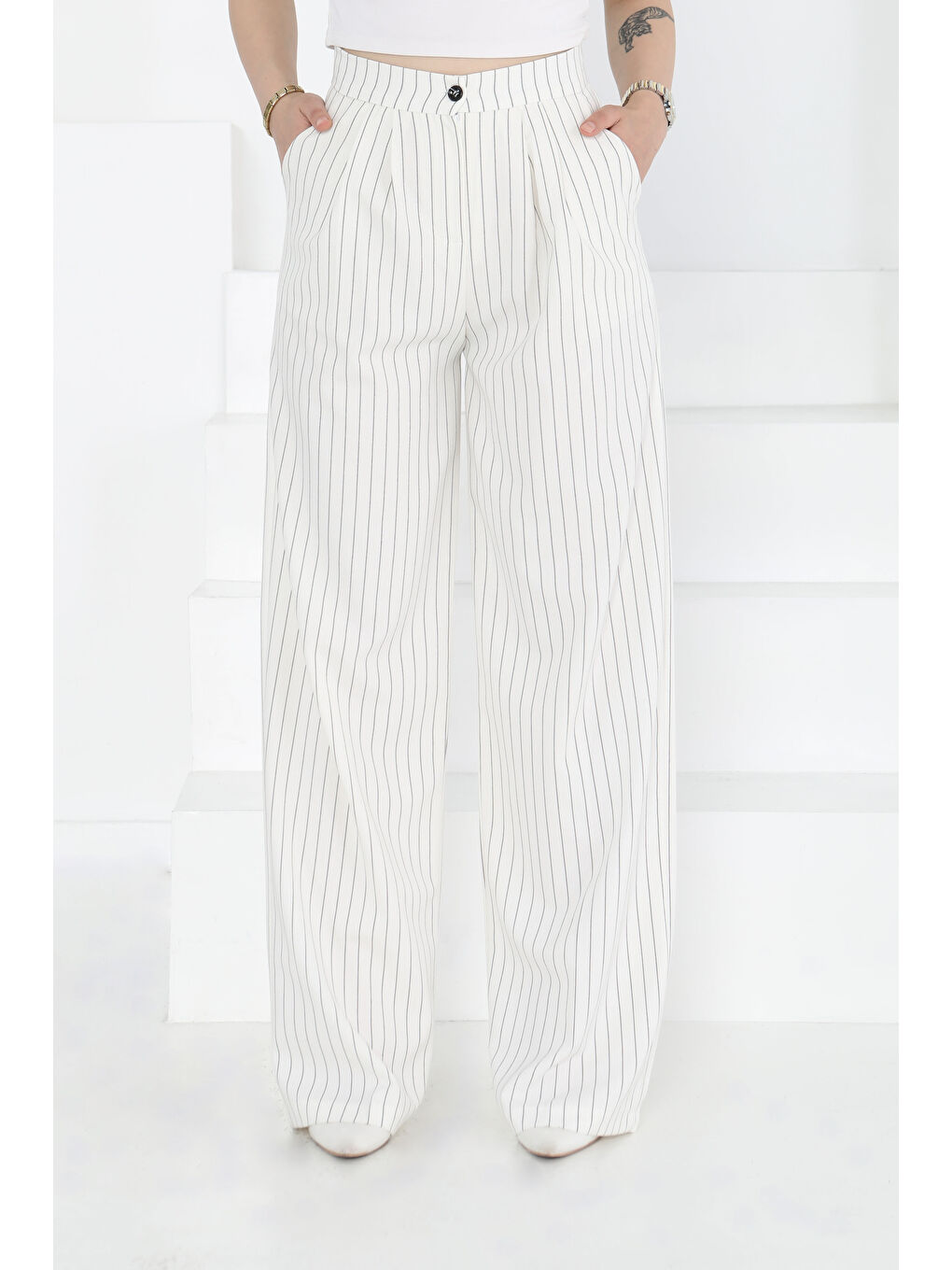 Çizgili Pantolon Beyaz - 27248-5