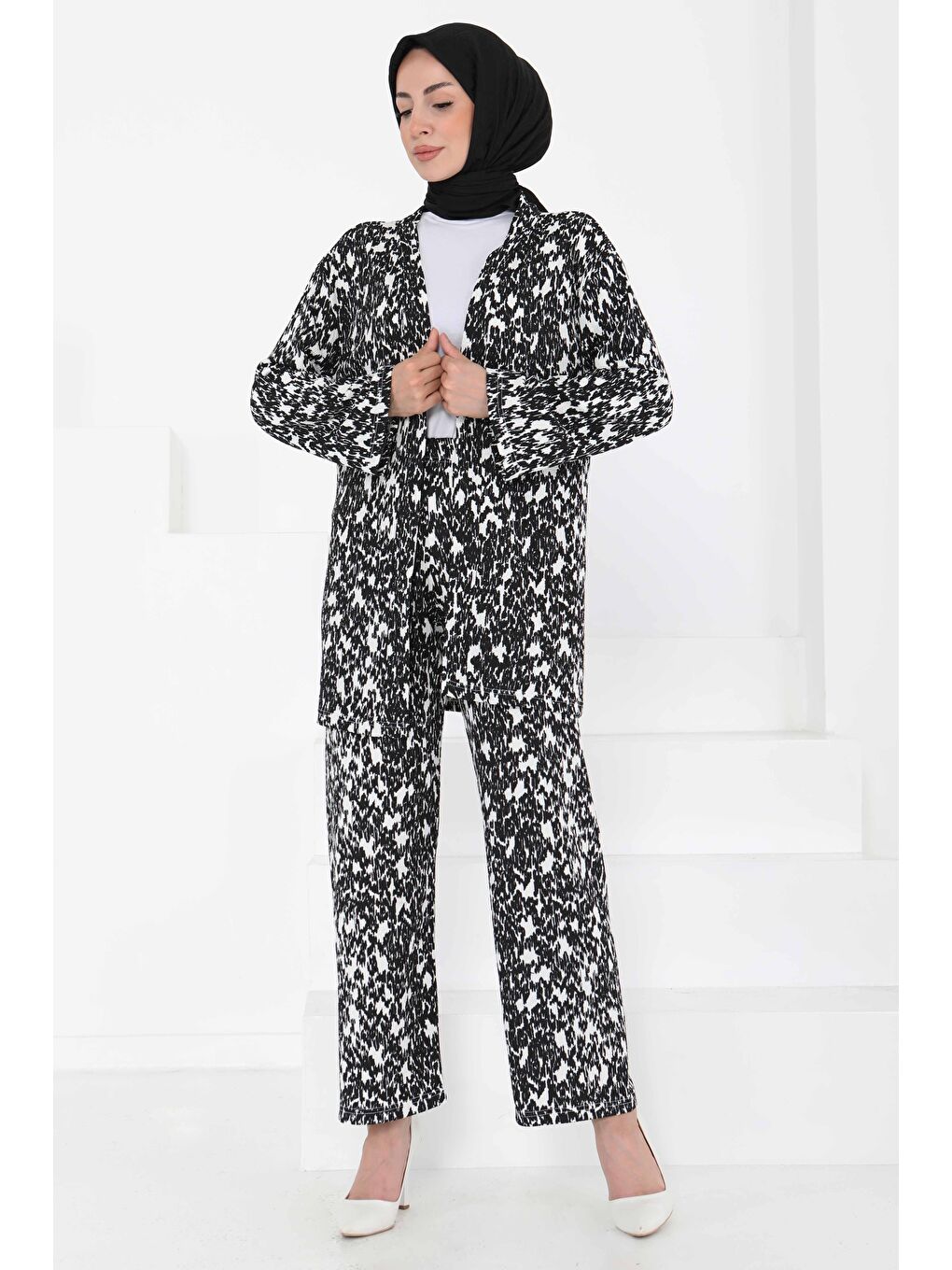 Desenli Kimono Takım Siyah - 27132-3