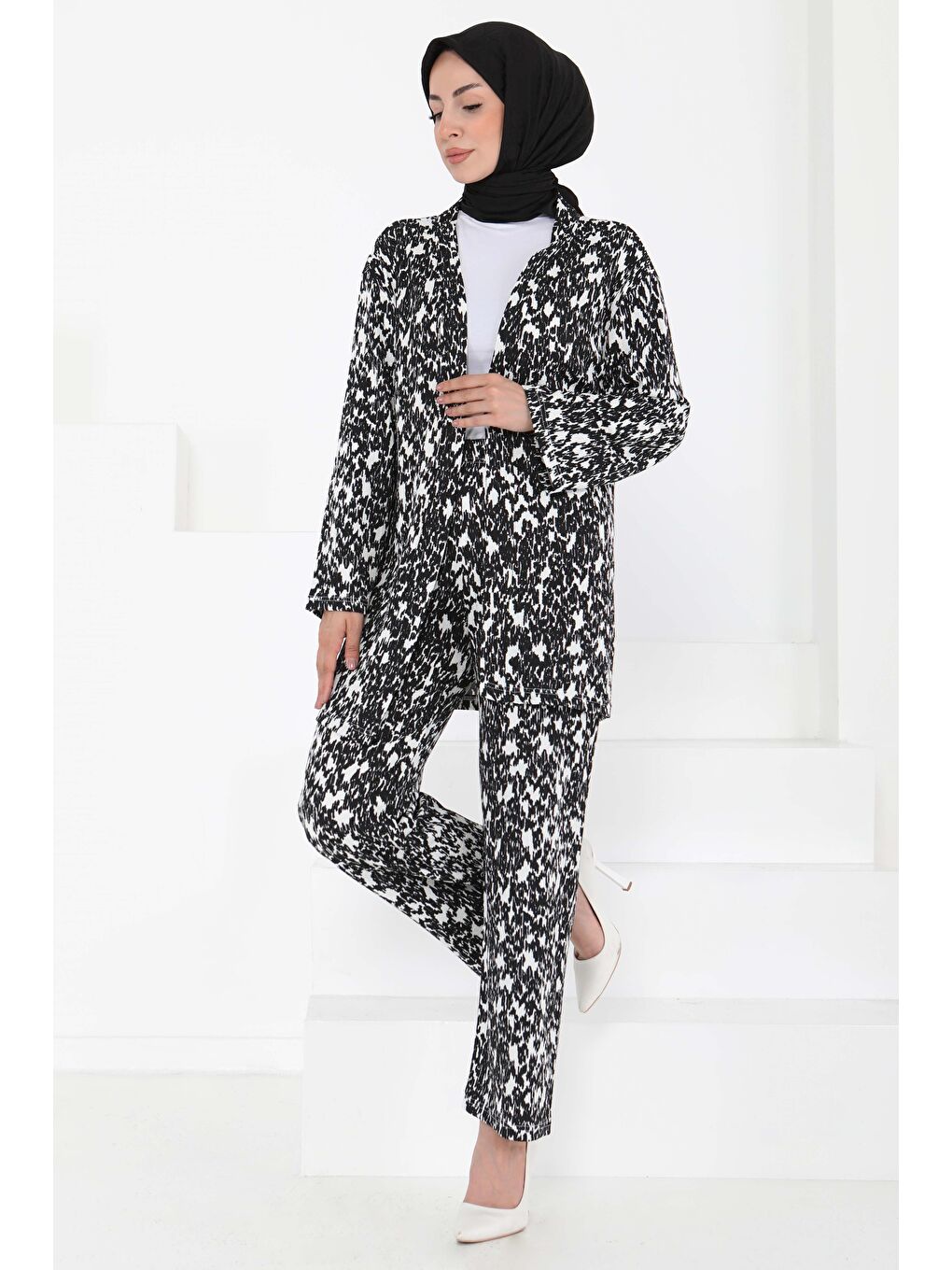 Desenli Kimono Takım Siyah - 27132-4