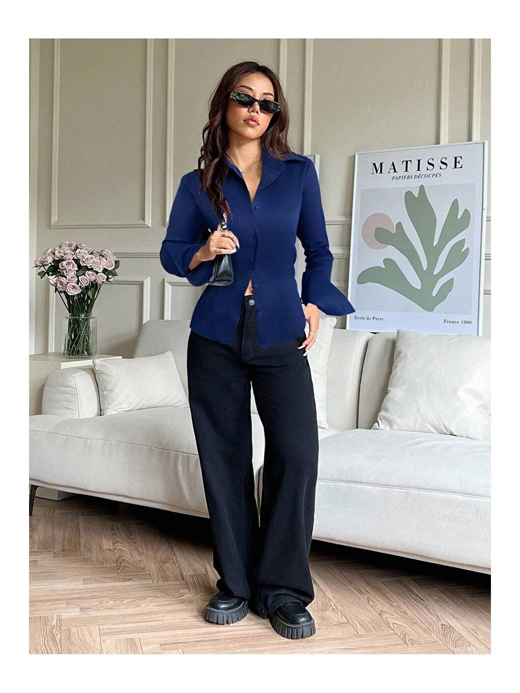 Lacivert Kadın Arkası Bağcıklı Gömlek Slim Fit Günlük ve Ofis Kombin Modern Tasarım