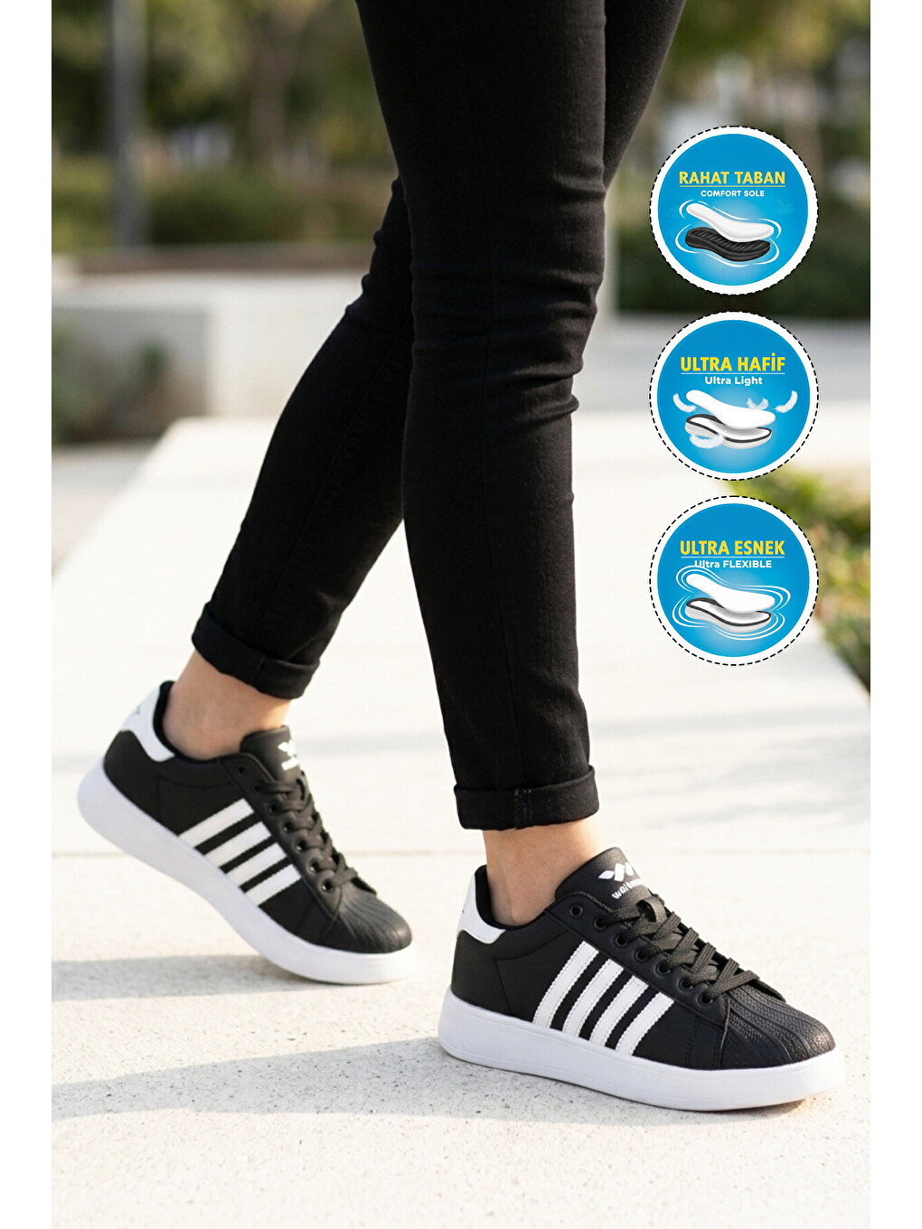 Siyah Beyaz Bağcıklı Cilt Hafif Unisex Spor Ayakkabı Senti G-2