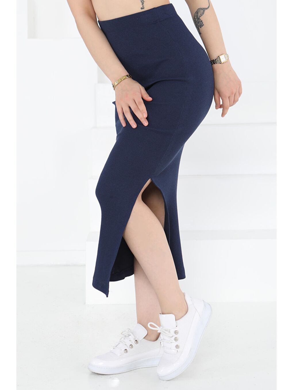 Yırtmaçlı Etek Lacivert - 27233