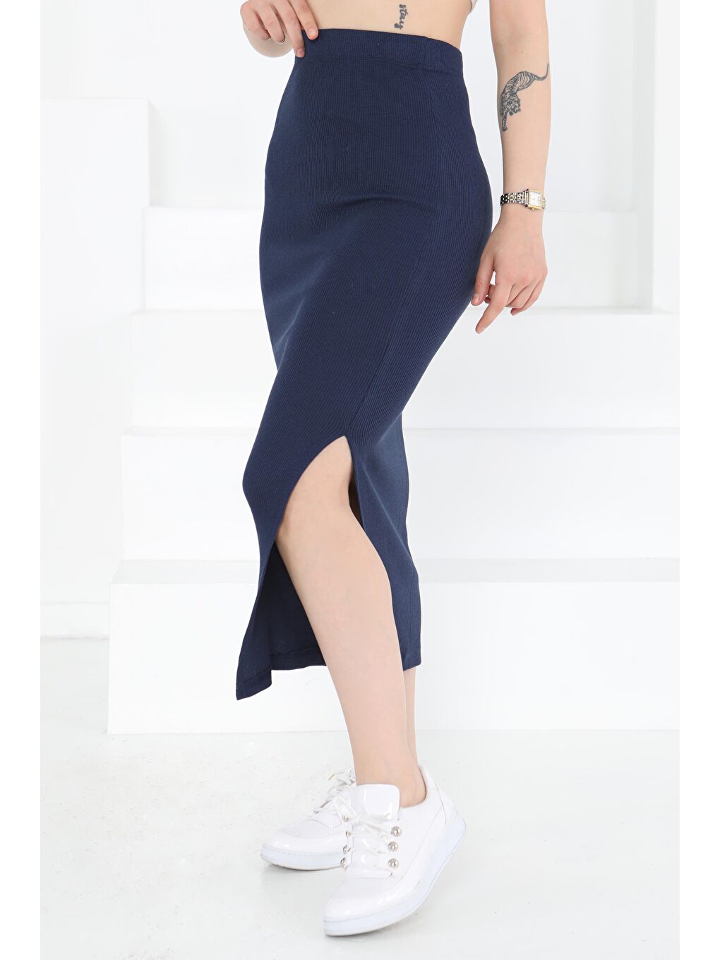 Yırtmaçlı Etek Lacivert - 27233-1