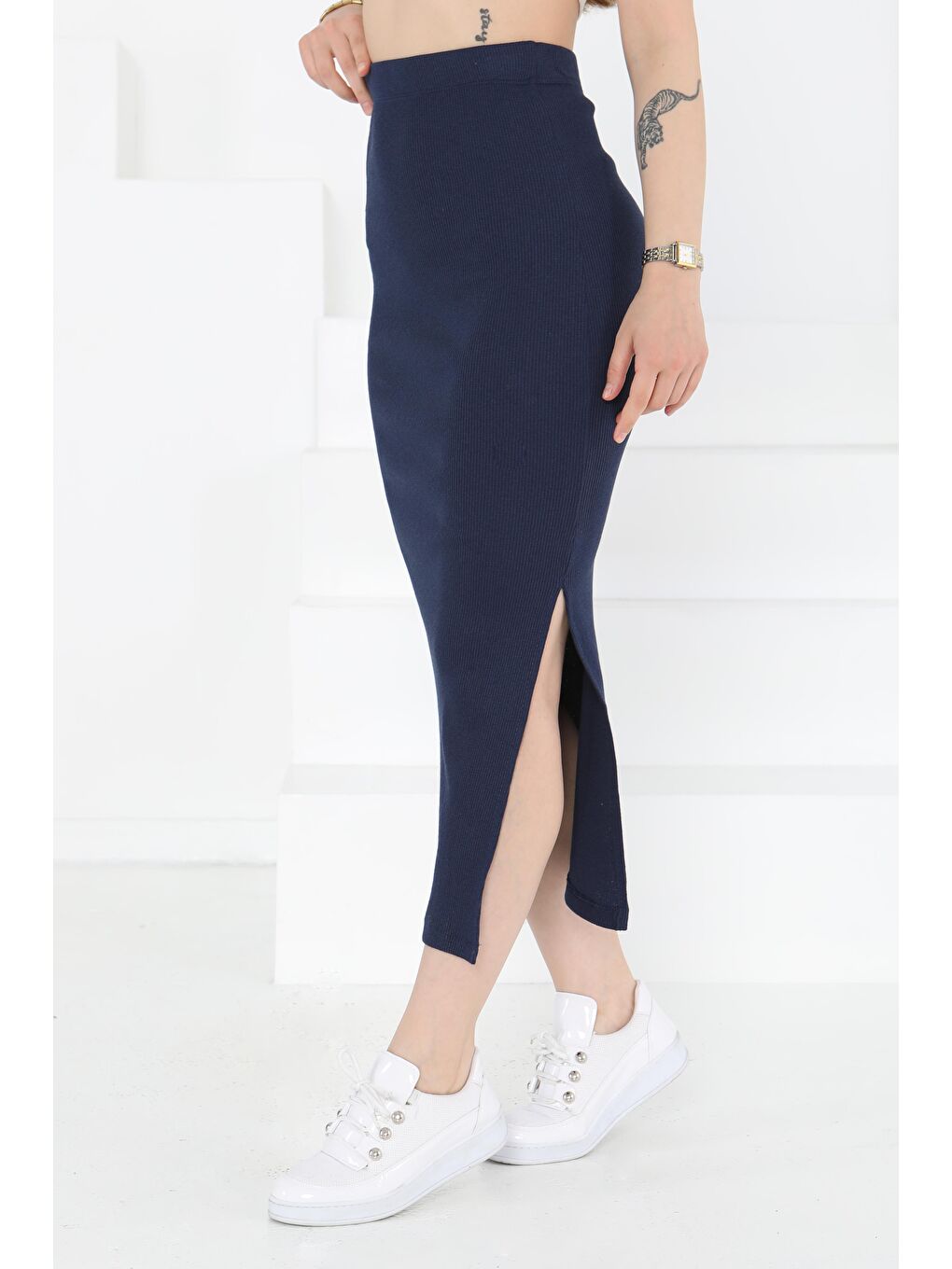 Yırtmaçlı Etek Lacivert - 27233-2