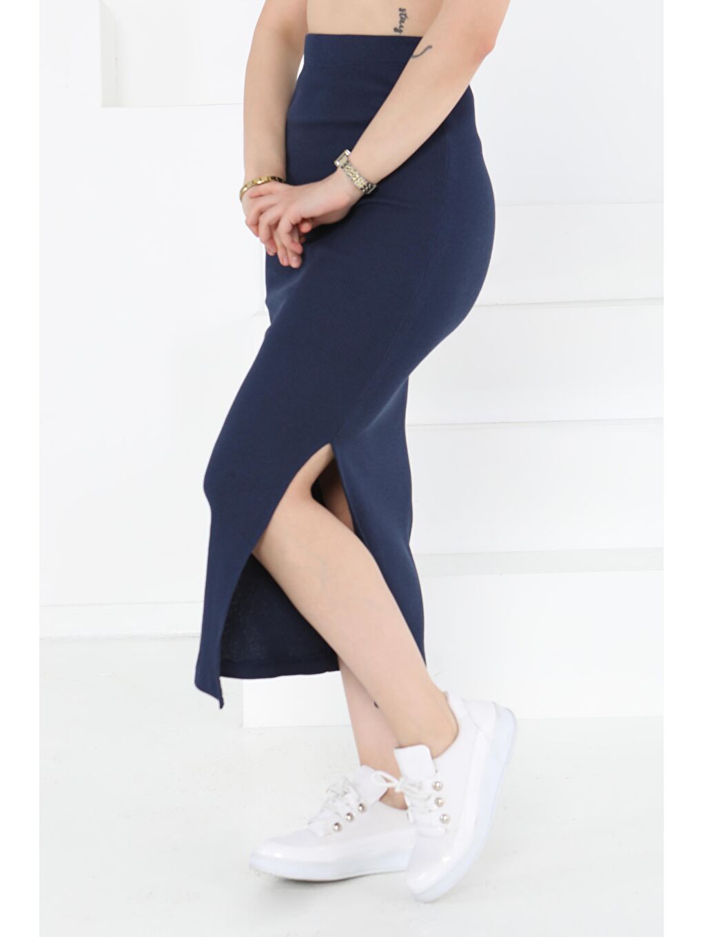 Yırtmaçlı Etek Lacivert - 27233-3