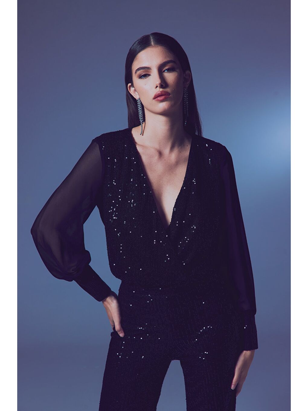 Şifon Kol Bodysuit Bluz - Siyah-1