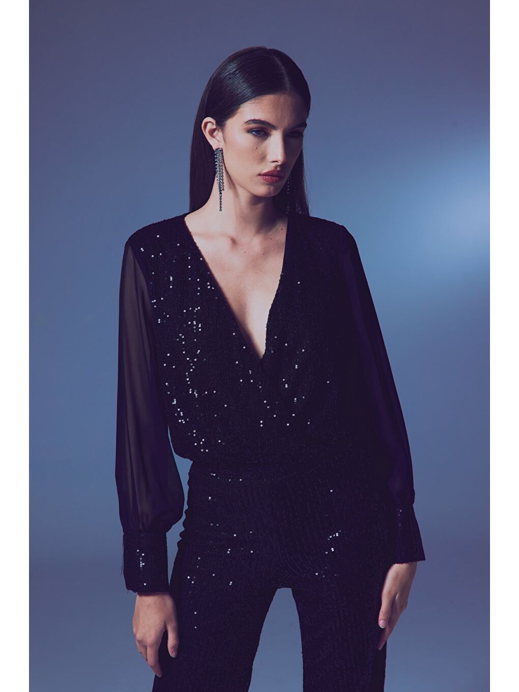 Şifon Kol Bodysuit Bluz - Siyah-2
