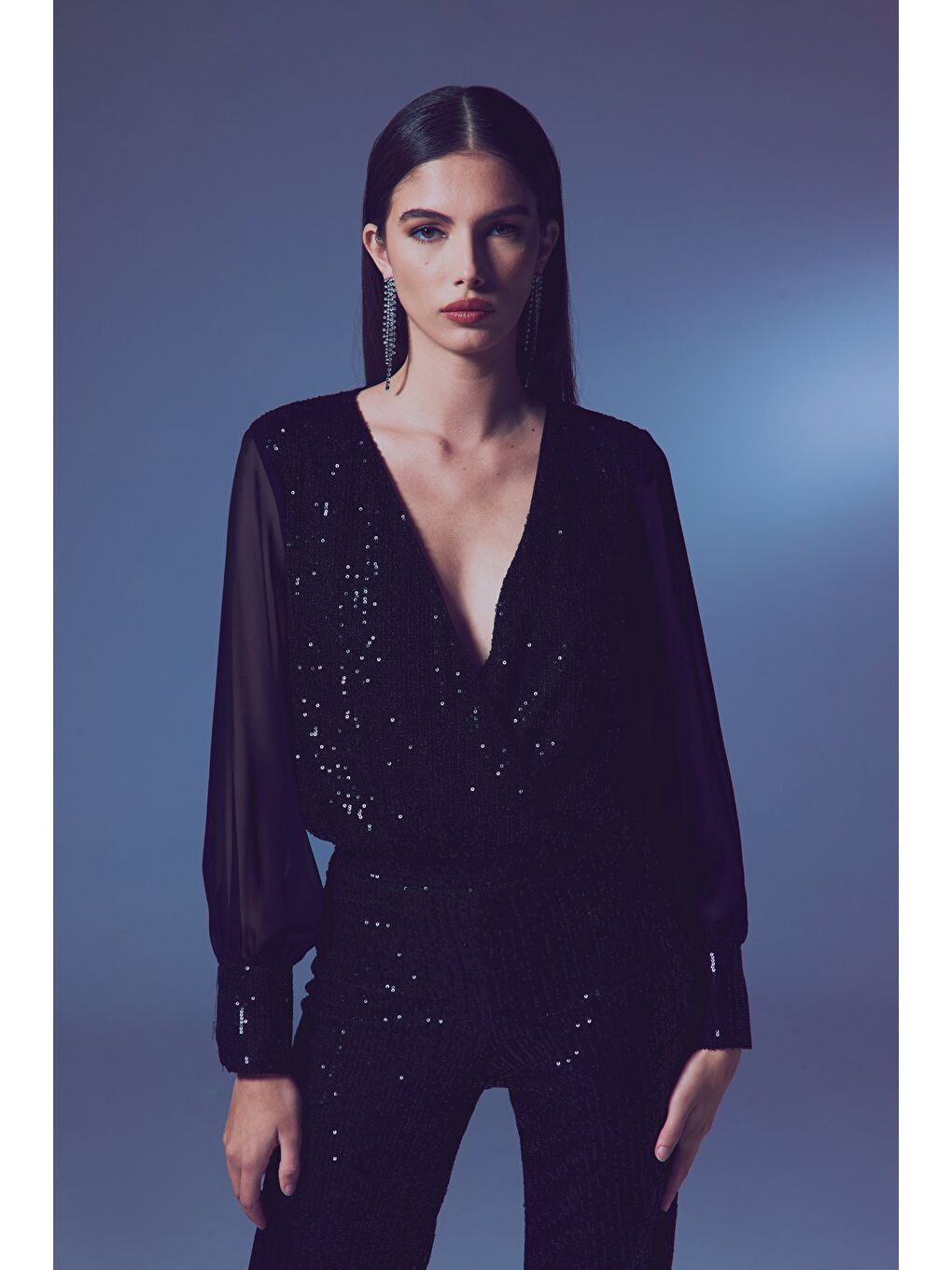 Şifon Kol Bodysuit Bluz - Siyah-3