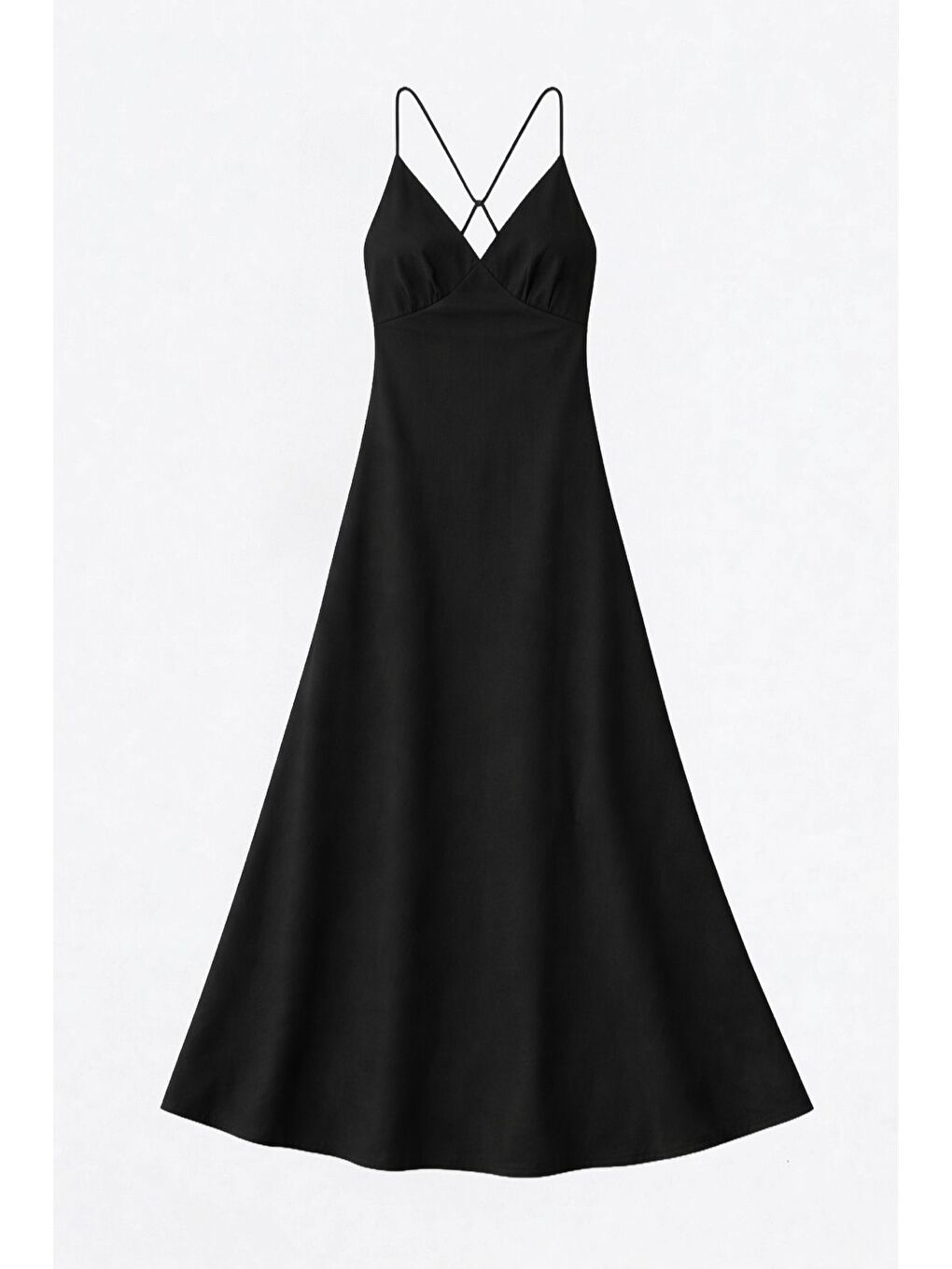 Çapraz İp Askılı V Yaka Uzun Elbise Siyah