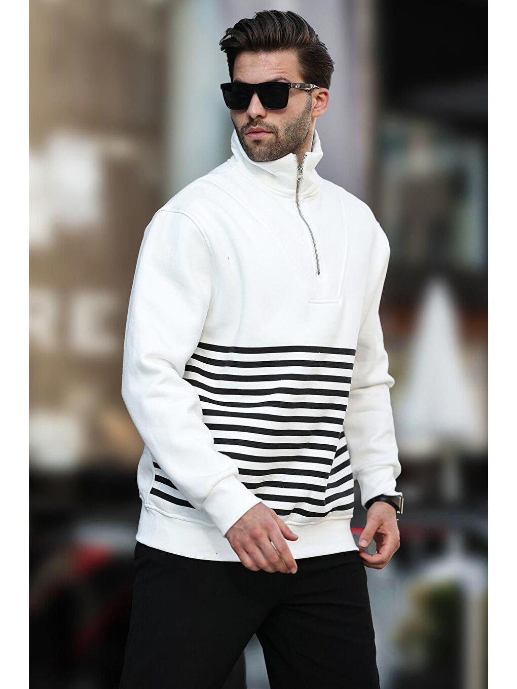 Ekru Fermuar Yakalı Çizgili Sweatshirt 7056