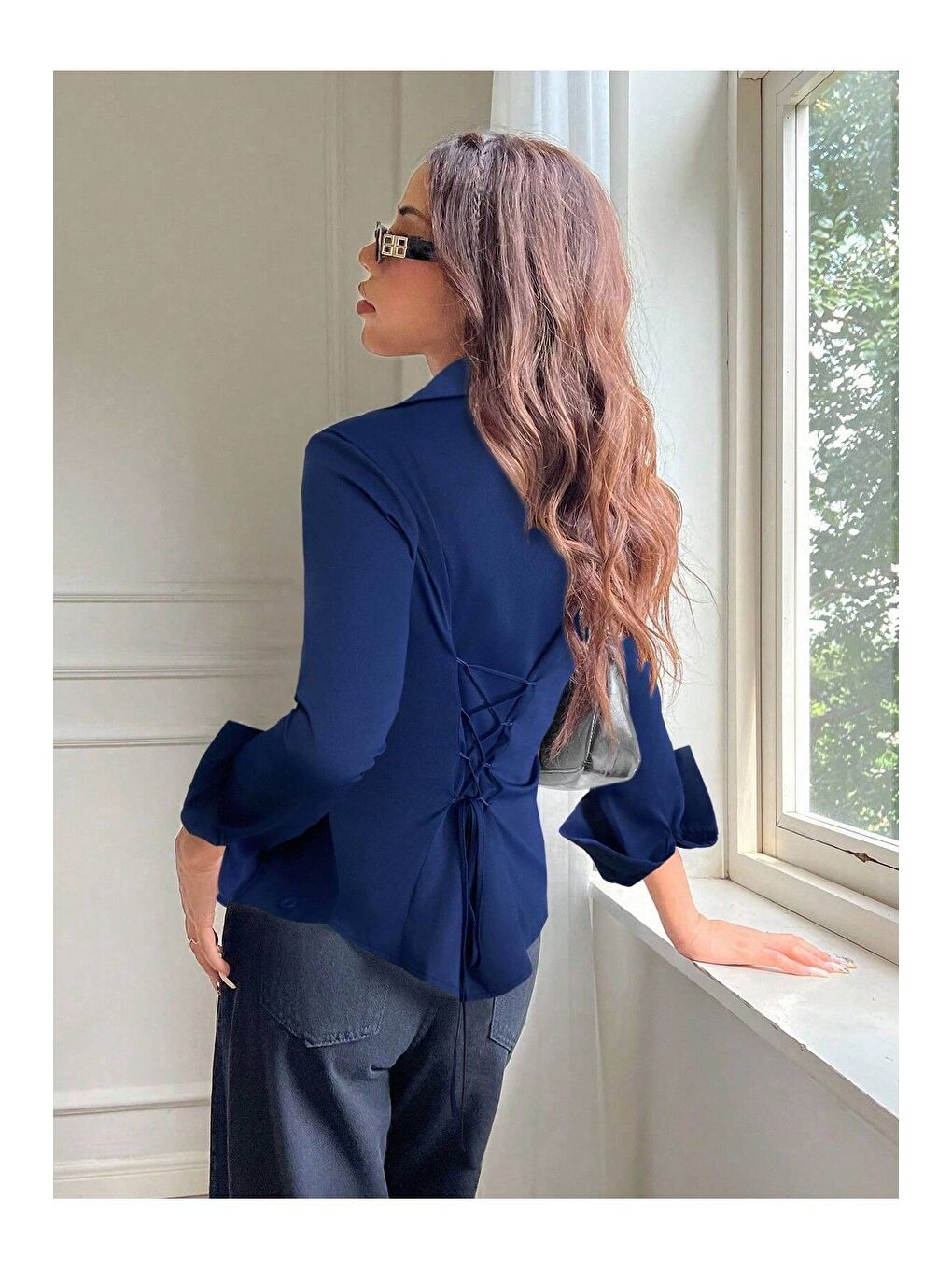 Lacivert Kadın Arkası Bağcıklı Gömlek Slim Fit Günlük ve Ofis Kombin Modern Tasarım-1