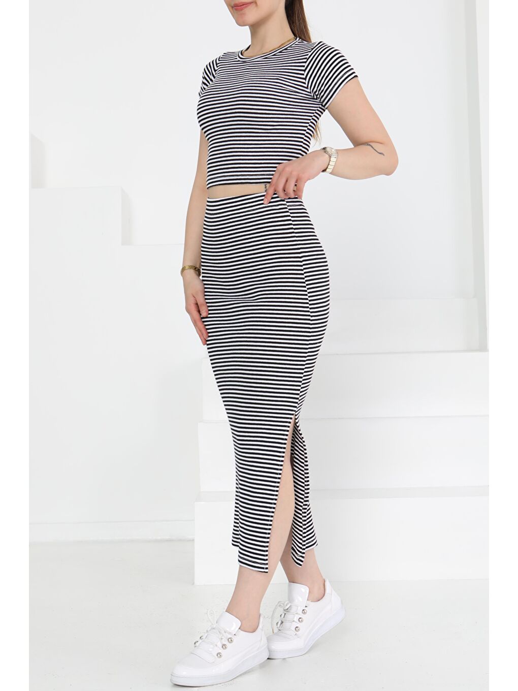 Kısa Kollu Çizgili İkili Takım Siyah - 27232-1