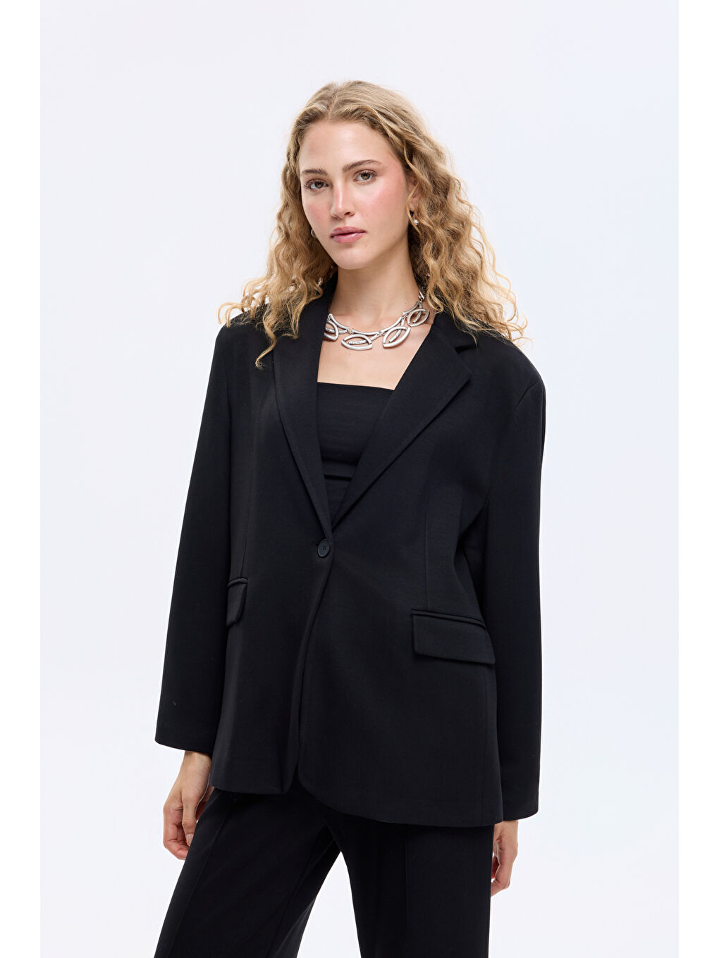 Tek Düğmeli Yumuşak Dokulu Oversize Blazer Ceket Siyah