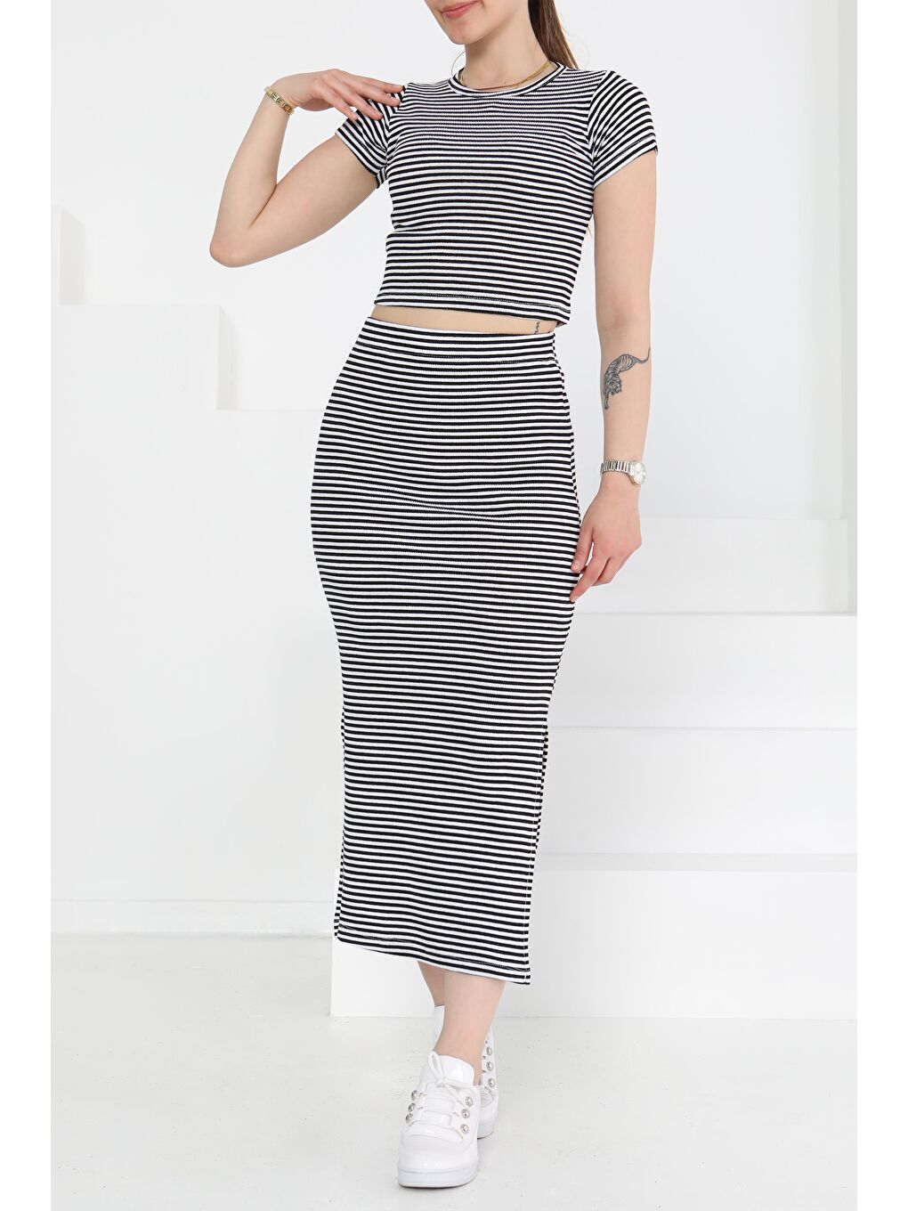 Kısa Kollu Çizgili İkili Takım Siyah - 27232-2