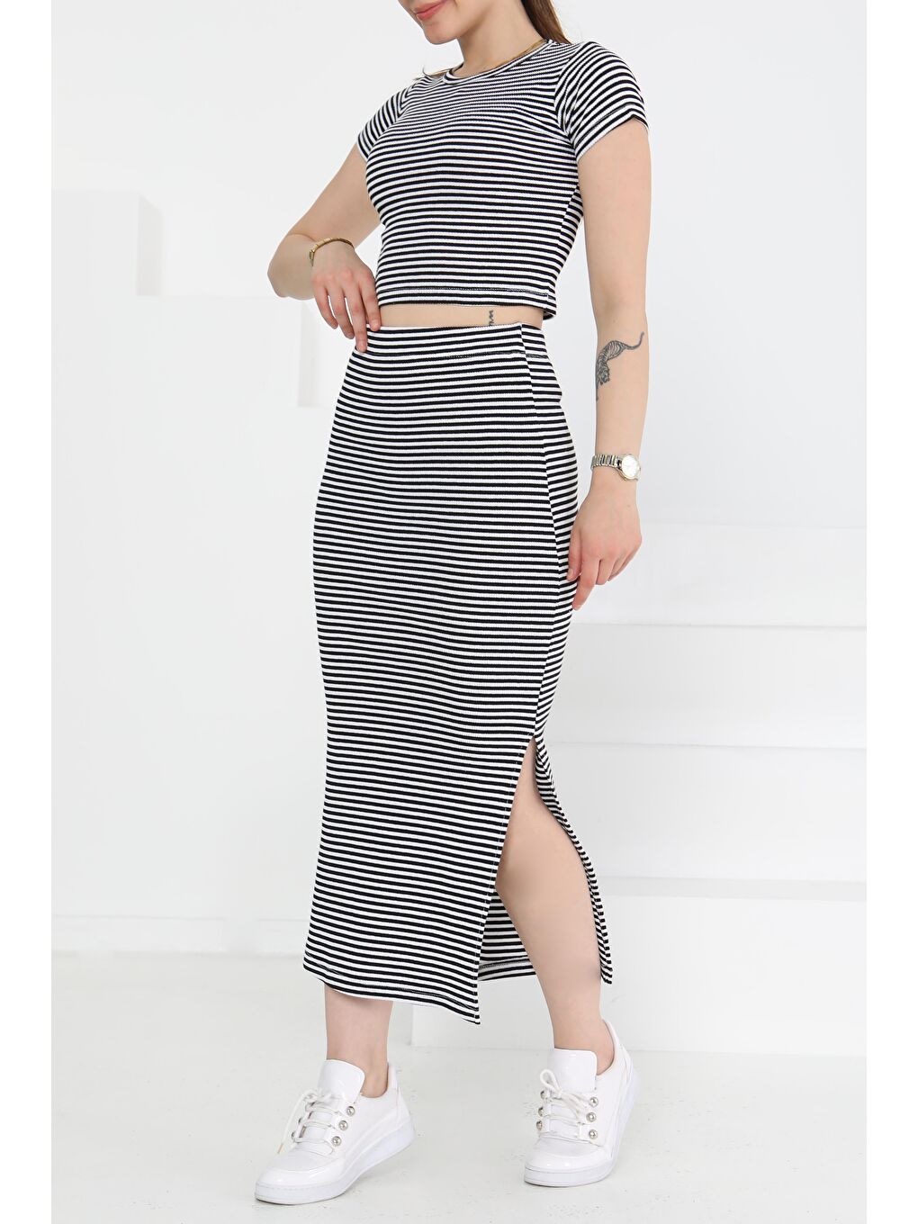 Kısa Kollu Çizgili İkili Takım Siyah - 27232-3