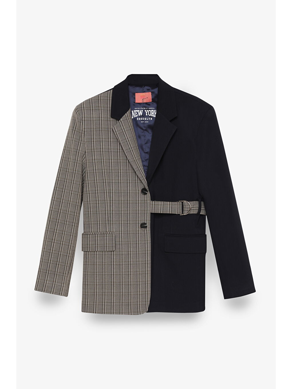 Ekose Garnili Kuşak Detaylı Oversize Blazer Ceket Lacivert-1