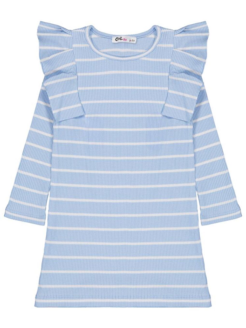 Girls Çizgili 6-9 Yaş Elbise - Mavi 8-9 Yaş-1