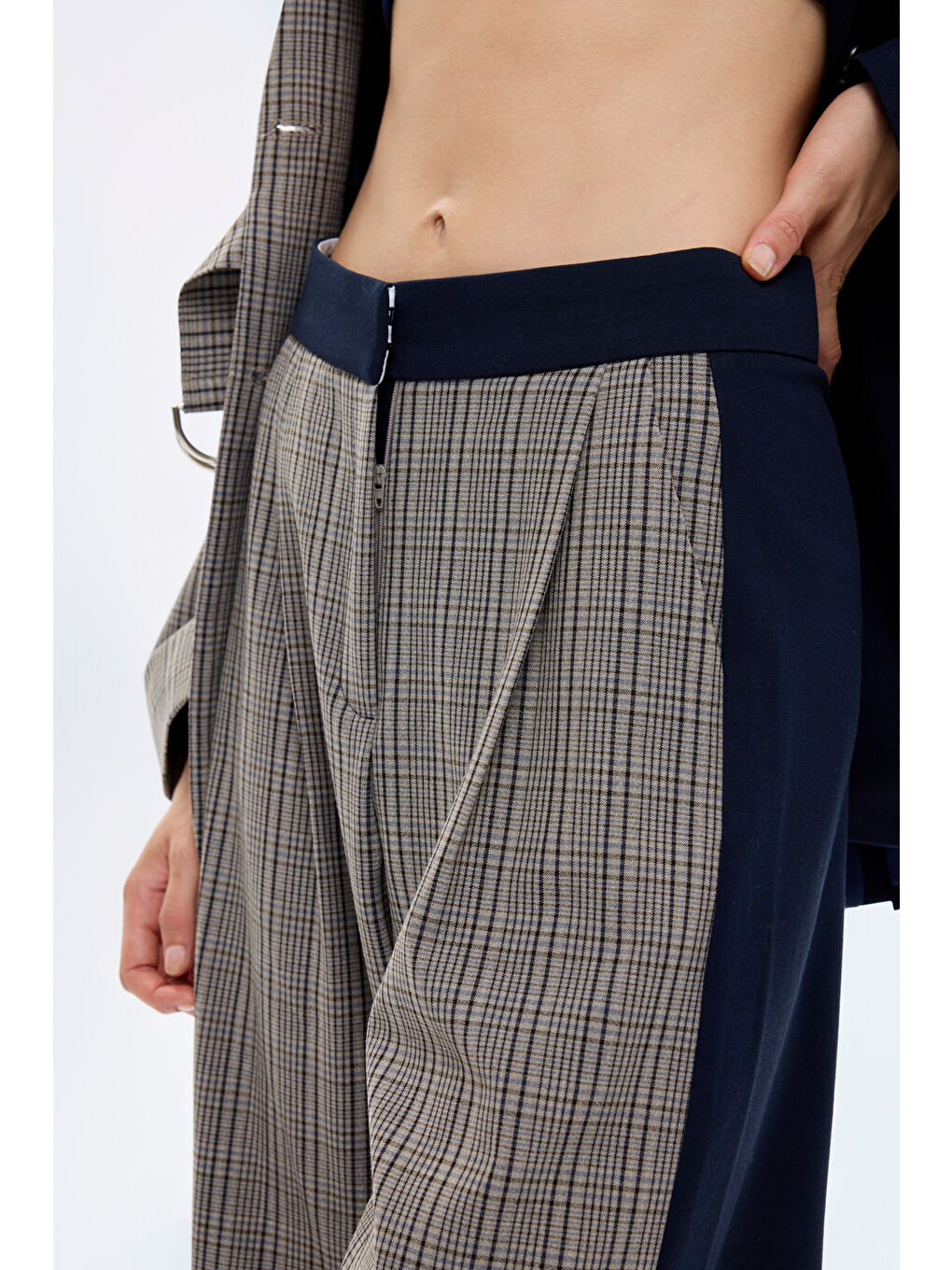 Ekose Garnili Bol Paça Pantolon Lacivert-2