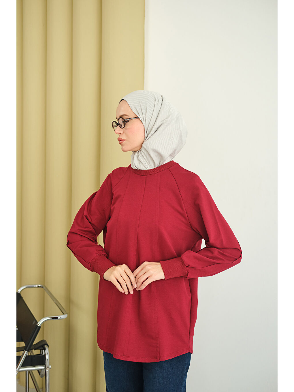 Kadın Dikiş Detaylı Bisiklet Yaka Sweat Bordo-1