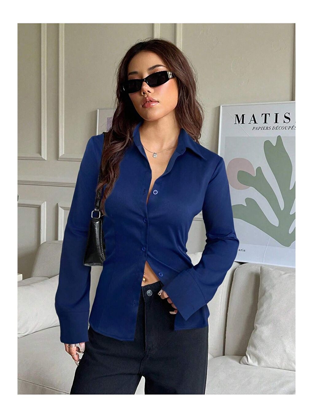 Lacivert Kadın Arkası Bağcıklı Gömlek Slim Fit Günlük ve Ofis Kombin Modern Tasarım-3