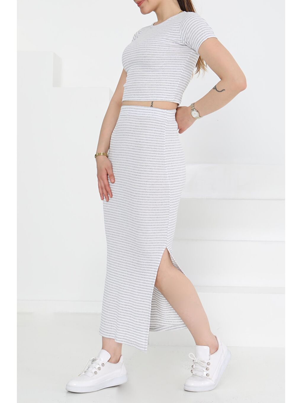Kısa Kollu Çizgili İkili Takım Gri - 27232-1