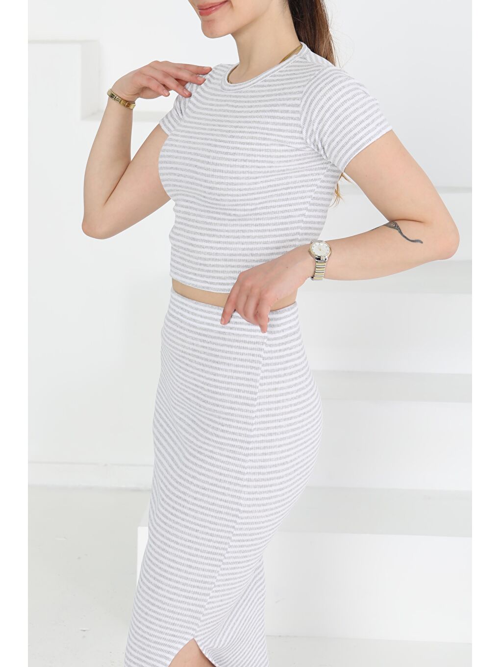 Kısa Kollu Çizgili İkili Takım Gri - 27232-2