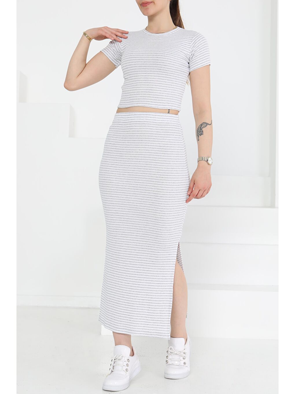 Kısa Kollu Çizgili İkili Takım Gri - 27232-3