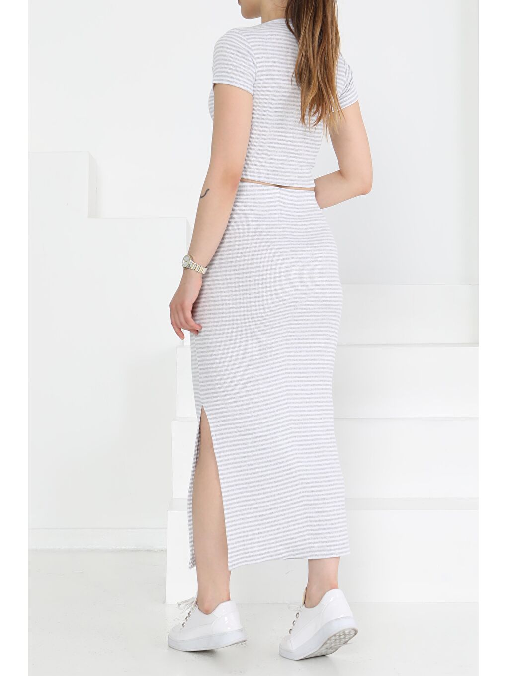 Kısa Kollu Çizgili İkili Takım Gri - 27232-4