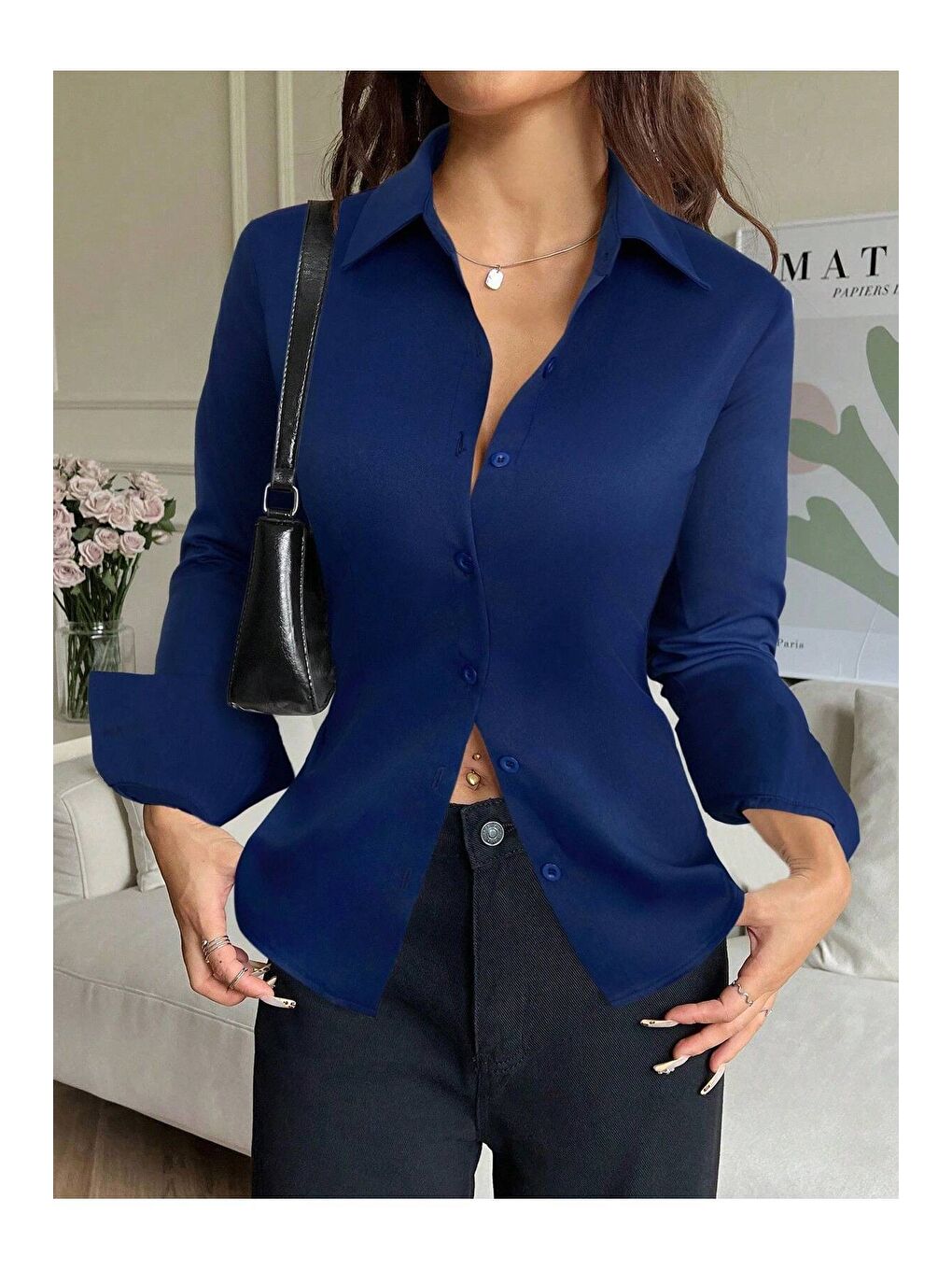 Lacivert Kadın Arkası Bağcıklı Gömlek Slim Fit Günlük ve Ofis Kombin Modern Tasarım-4