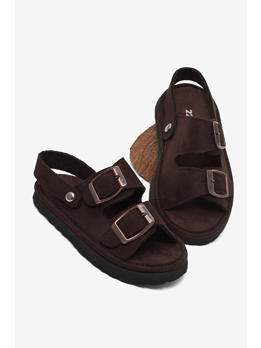 Kahverengi Çocuk Unisex Acı Kahve Rahat Kalıp Çift Tokalı Bebe Paitk Sandalet-2