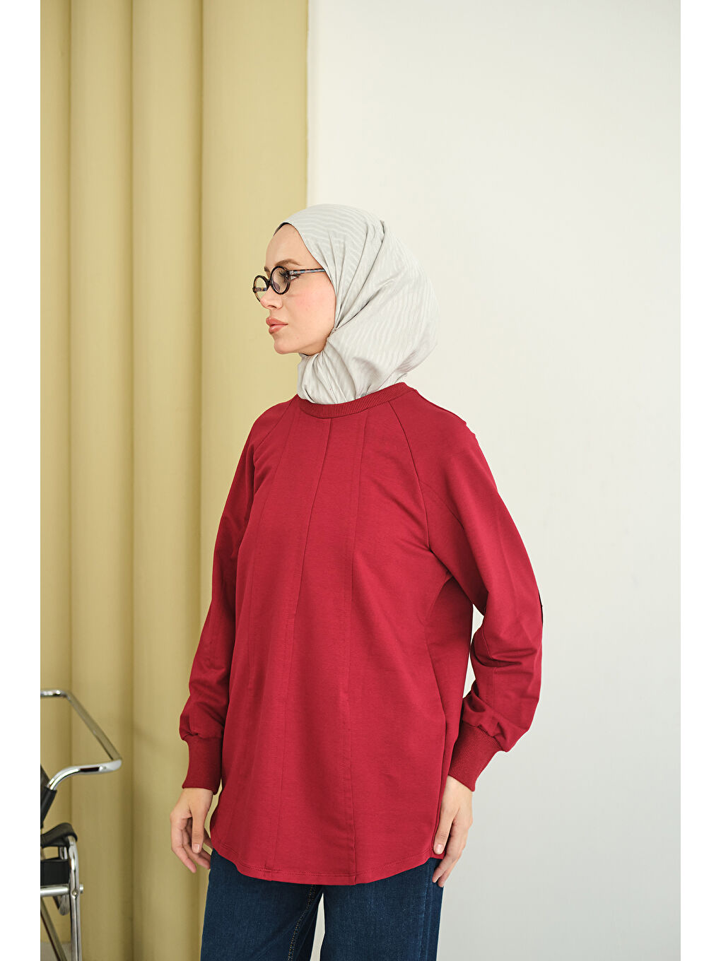 Kadın Dikiş Detaylı Bisiklet Yaka Sweat Bordo-2