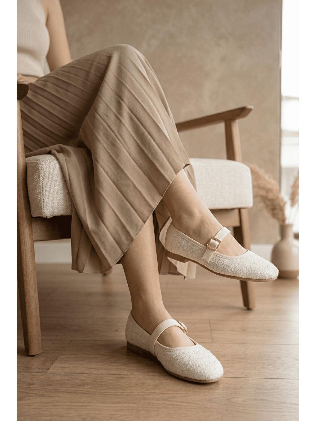 Ekru Tweed Dokulu Mary Jane Babet - Klasik Tokalı Zarif Ayakkabı