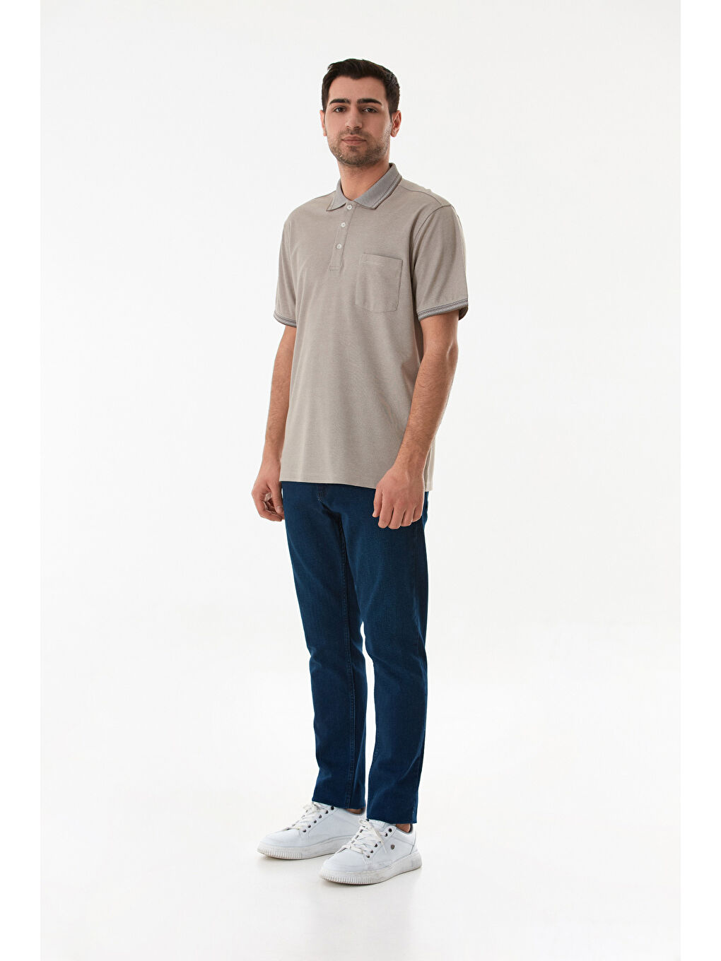 Bej Cepli Düğmeli Polo Yaka Tişört-1