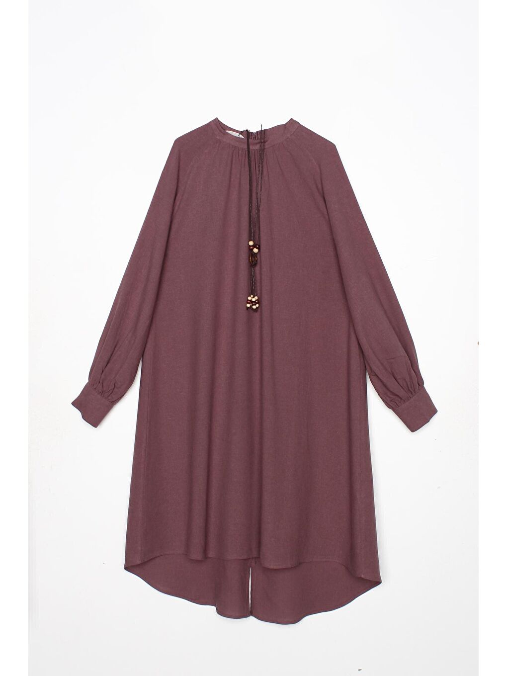 Mor Üzüm Hakim Yaka Kolyeli Viskon Keten Gömlek-4