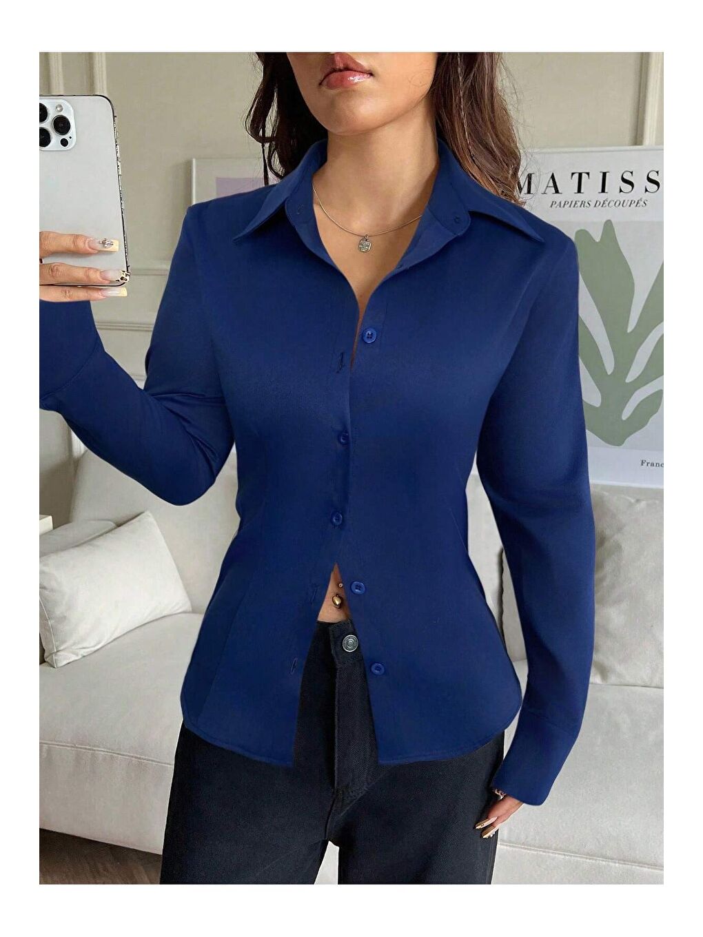 Lacivert Kadın Arkası Bağcıklı Gömlek Slim Fit Günlük ve Ofis Kombin Modern Tasarım-5