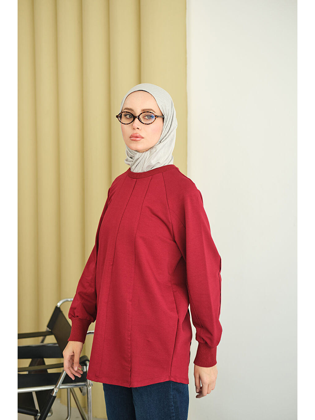 Kadın Dikiş Detaylı Bisiklet Yaka Sweat Bordo-3