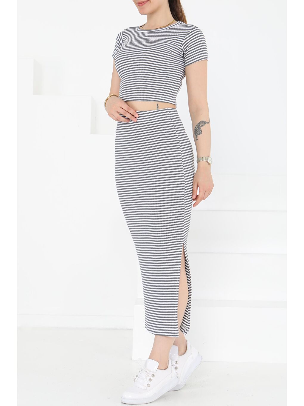 Gri Kısa Kollu Çizgili İkili Takım Füme - 27232-2