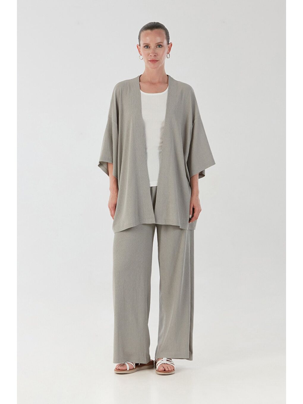 Gri Bürümcük Kumaş Şal Yaka 3 Lü Takım