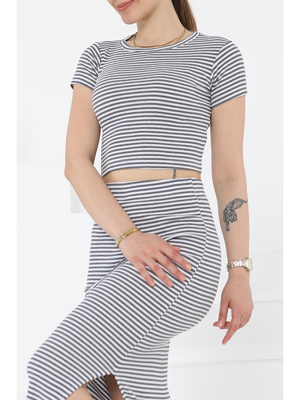 Gri Kısa Kollu Çizgili İkili Takım Füme - 27232-3