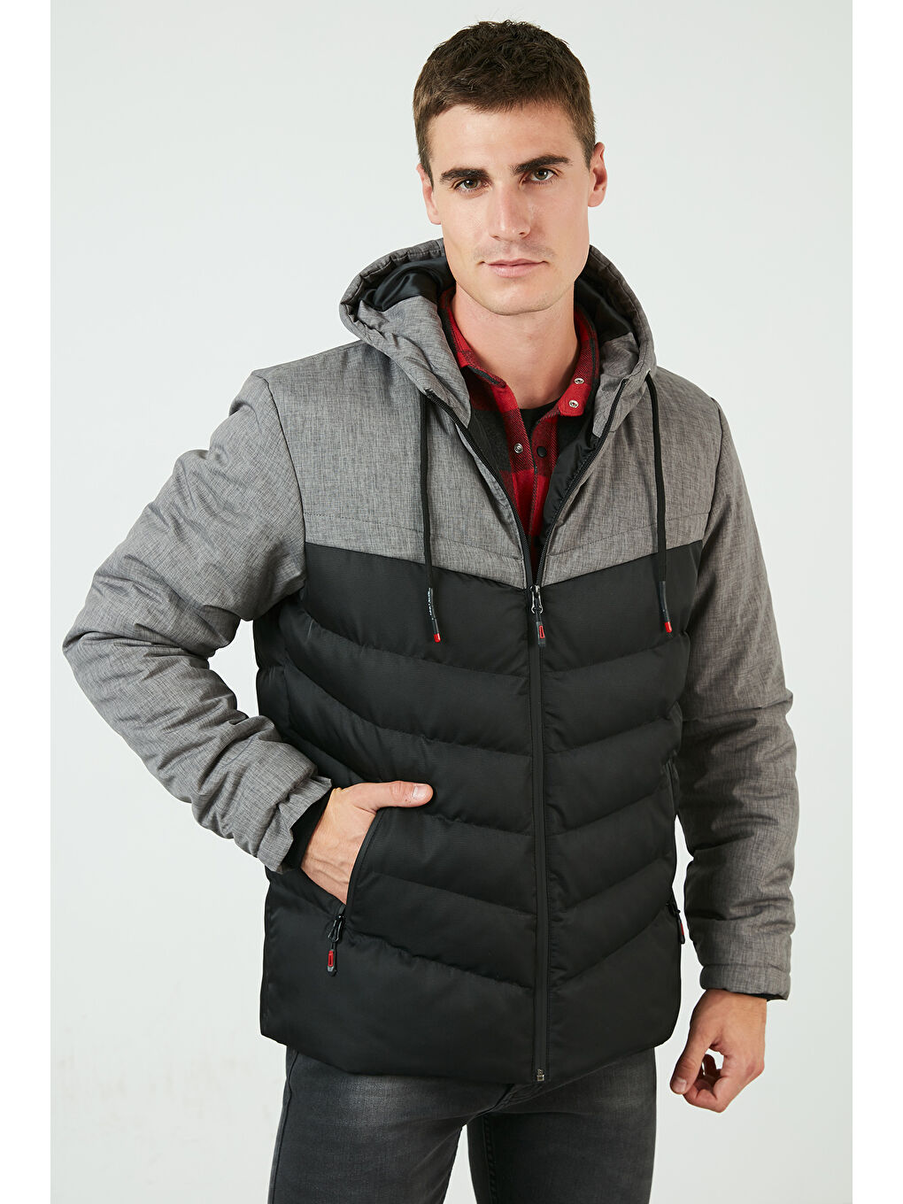 Gri Slim Fit Kapüşonlu Cepli   100 Pamuk Erkek Şişme Mont 5712070-1