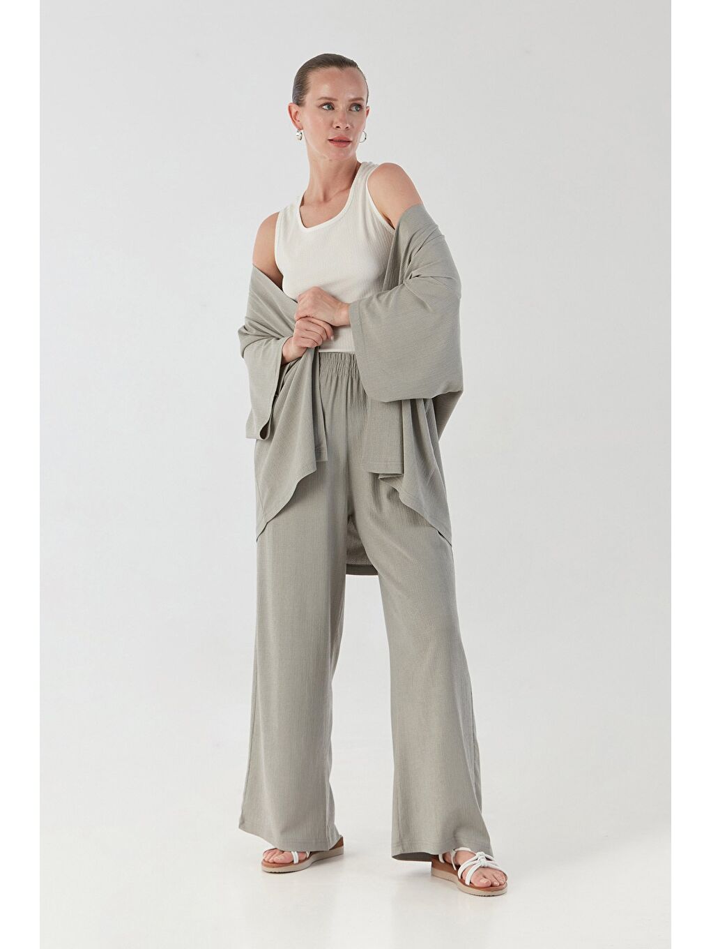 Gri Bürümcük Kumaş Şal Yaka 3 Lü Takım-1