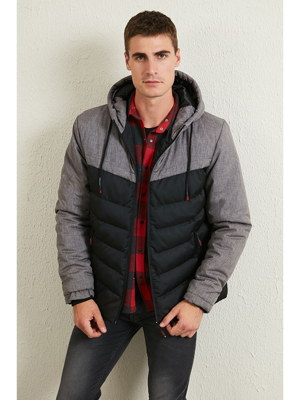 Gri Slim Fit Kapüşonlu Cepli   100 Pamuk Erkek Şişme Mont 5712070-2