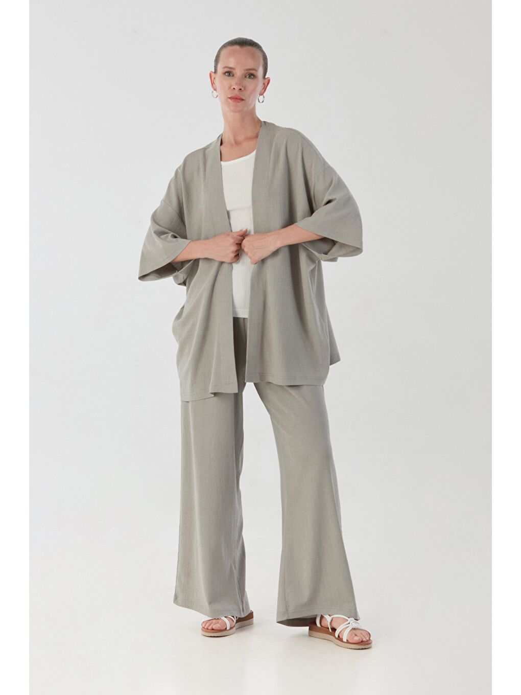 Gri Bürümcük Kumaş Şal Yaka 3 Lü Takım-2