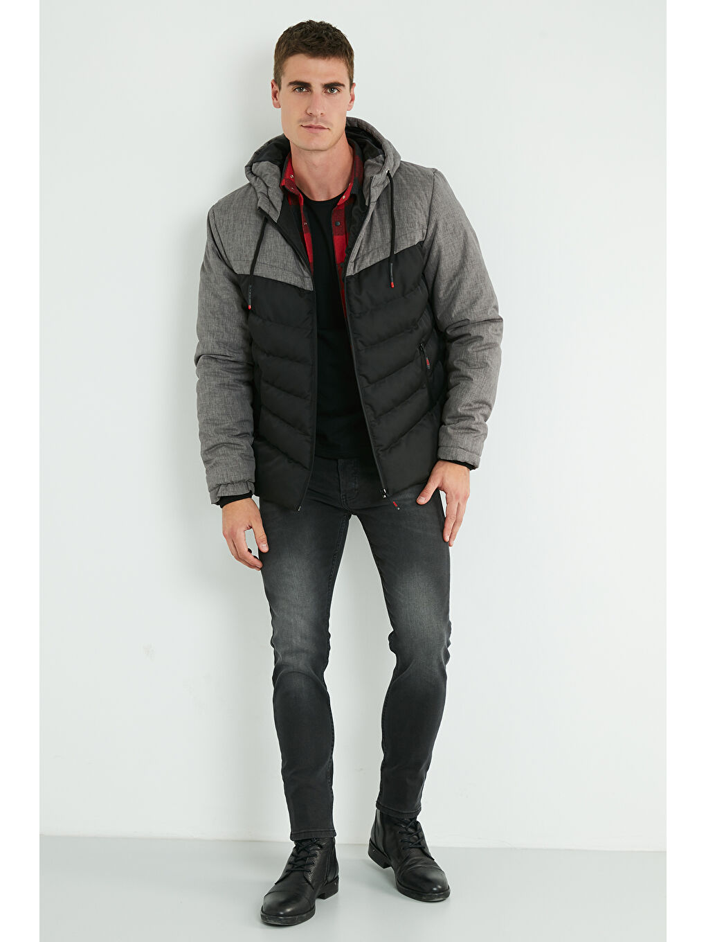 Gri Slim Fit Kapüşonlu Cepli   100 Pamuk Erkek Şişme Mont 5712070-3